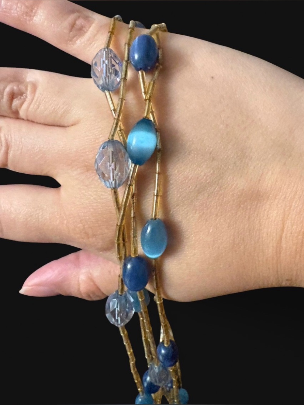 VTG Unbranded Multi Strand Blue Cat Eye Bead Necklace - Picture 2 of 5